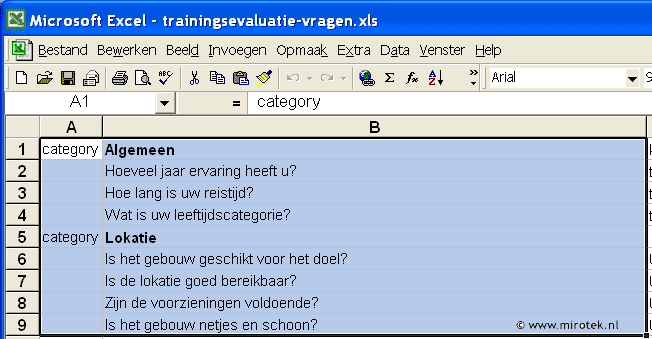 invoeren van vragen: knippen en plakken vanuit Excel