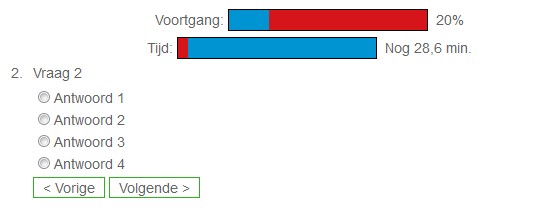 online examen: digitaal toetsen met tijdslimiet, antwoorden en vragen gehusseld, certificaat zenden